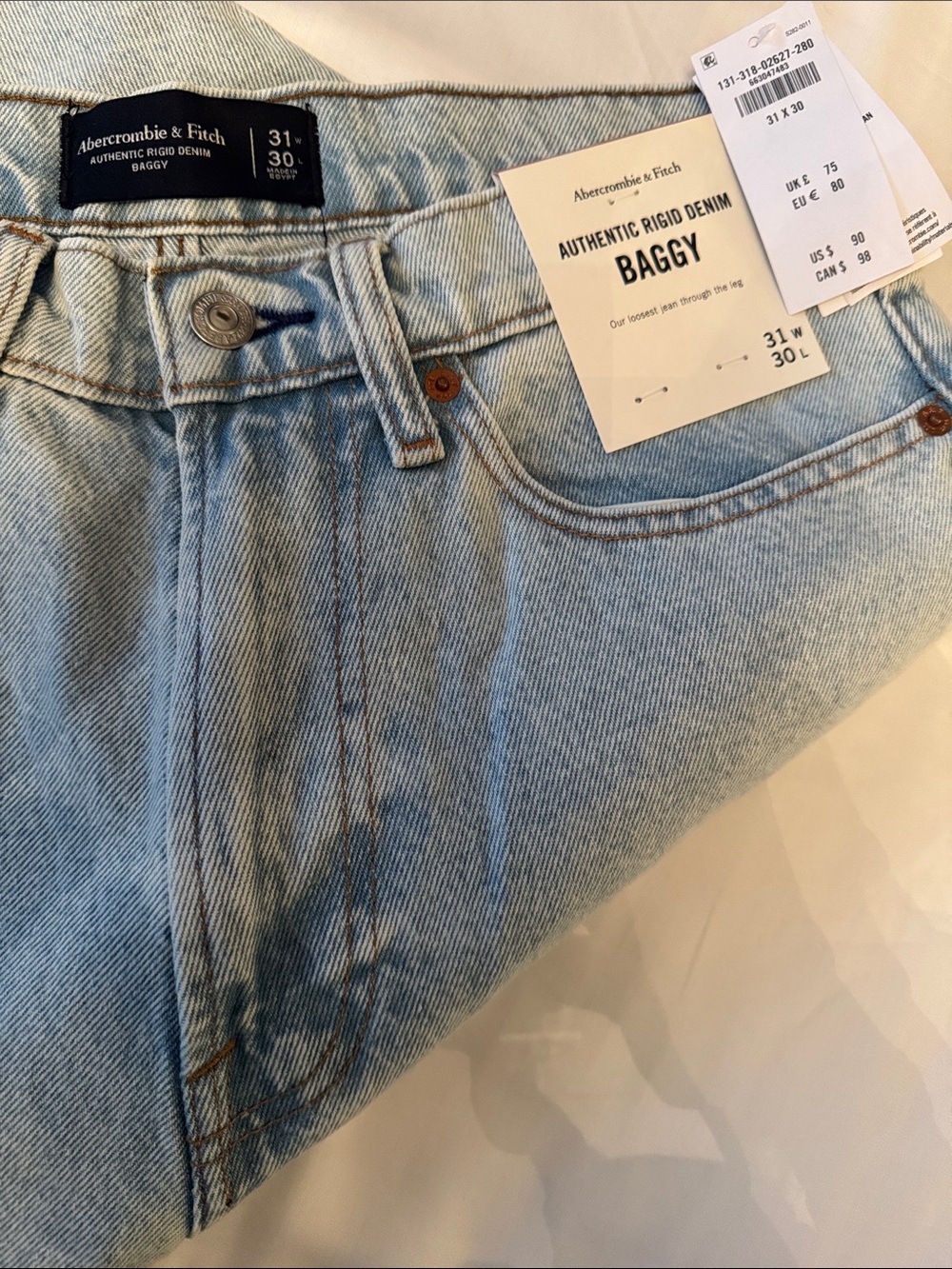 Abercrombie & Fitch Men's Light Wash Rigid Baggy Jeans Size 31 x 30 Brand New